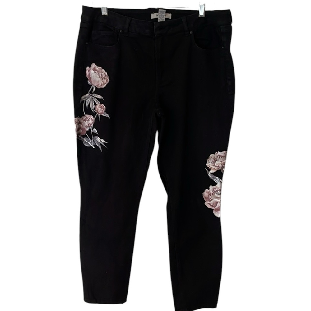 Refuge size 12 black high waist straight leg jeans with pink floral detail